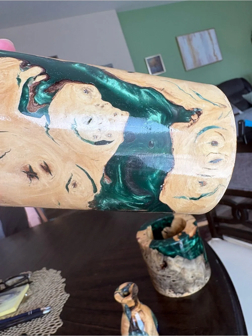 Handcrafted Wood and Emerald Resin Decorative Vase - Green Accent